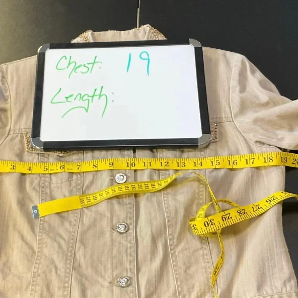 Nancy Bolen City Girl Beaded Embellished Khaki Button Front Denim Jacket Size M - Picture 7 of 8